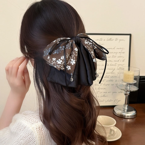 Fermaglio per Capelli Vintage a Fiocco con Pendente in Strass Stile Coreano Grande in Raso e Chiffon per Donna