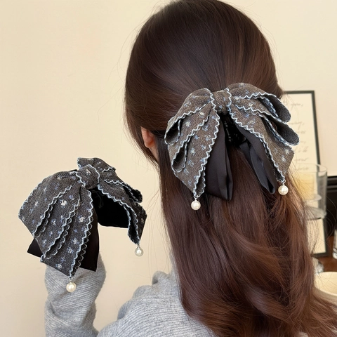 Dolce Fermaglio per Capelli con Fiocco in Tessuto con Perla Artificiale Elegante Retrò per Coda di Cavallo Donna Gioielli