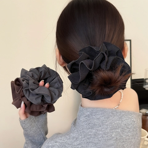 French Vintage Pinstripe Double Layer Scrunchies For Women Maillard Color Fabric Pleated Elastic Hair Ties Handmade Hair Accessories
