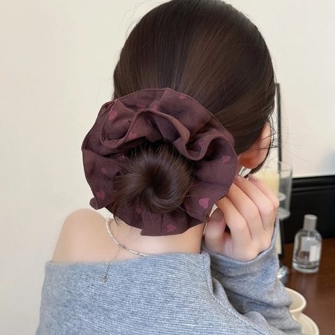 French Vintage Heart Pattern Pleated Fabric Scrunchie For Women Large High Elasticity Sweet Hair Tie Hair Accessories