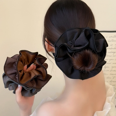 Coletero Plisado Rayado Extragrande Con Borde de Hoja de Loto de Cuatro Capas Lazo para el Pelo Elegante para Mujer Accesorio Pelo