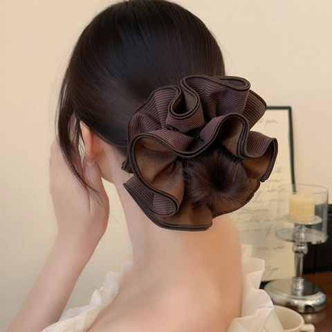Coletero Plisado Rayado Extragrande Con Borde de Hoja de Loto de Cuatro Capas Lazo para el Pelo Elegante para Mujer Accesorio Pelo