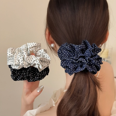 Französischer Stil Polka Dot Plissee Haargummi Hochelastisches Stoff Haarband Ponytail Halter Für Damen Elegantes Haar Accessoire