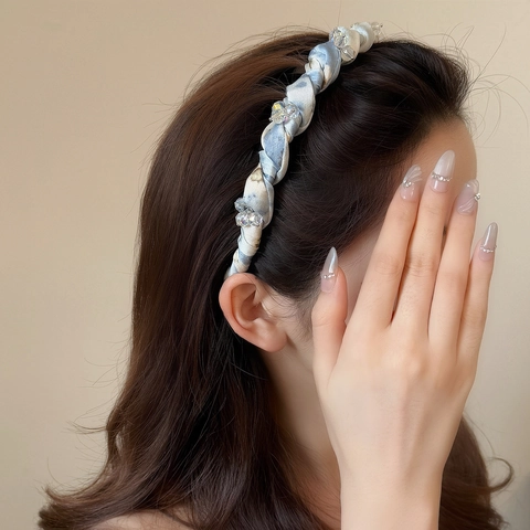 Fascia per Capelli Intrecciata in Raso Sfumato Blu da Donna Elegante Cerchietto Retro Intrecciato Con Strass e Denti Interni Antiscivolo Accessori