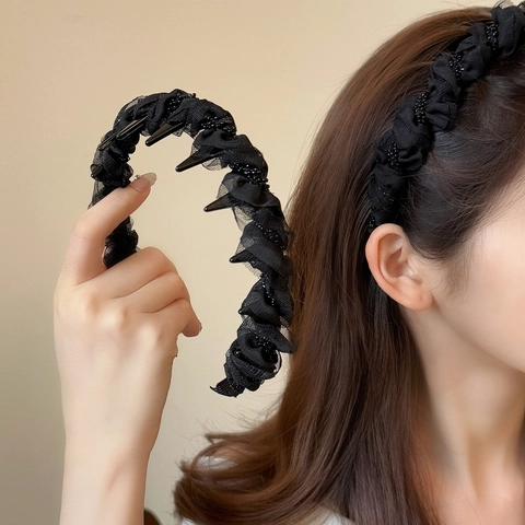 Cerchietto Plichettato in Rete Antiscivolo con Denti per Donna Cerchietto Ondulato Nero con Perline Elegante Stile Principessa Accessori per Capelli