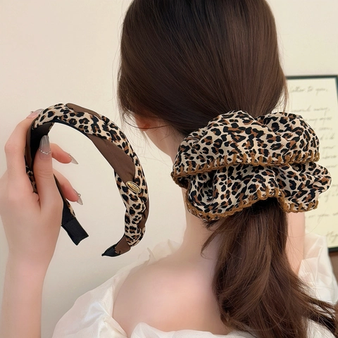 Collezione Accessori Capelli Vintage Maculati Grande Scrunchie In Tessuto E Fascia Intrecciata Per Donna Moda Quotidiana Incontri