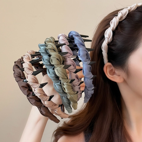 Cerchietto Intrecciato Plissettato in Satin Vintage per Donna Con Denti Interni Imbottito Antiscivolo Fascia per Capelli Stile Coreano Accessori per Capelli