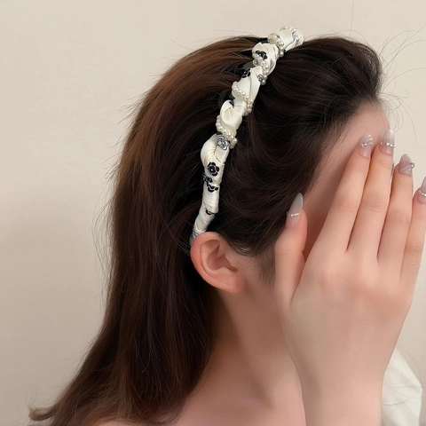 Cerchietto Elegante In Tessuto Con Motivo Camelia E Künstliche Perle Sintetiche Stile Coreano Vintage Accessori Capelli Donna