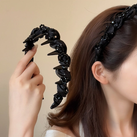Handgefertigter Geflochtener Perlen Haarreif Mit Rutschfesten Zähnen Schwarz Netzgewebe Spitze Nieten Gothic Punk Damen Haarschmuck