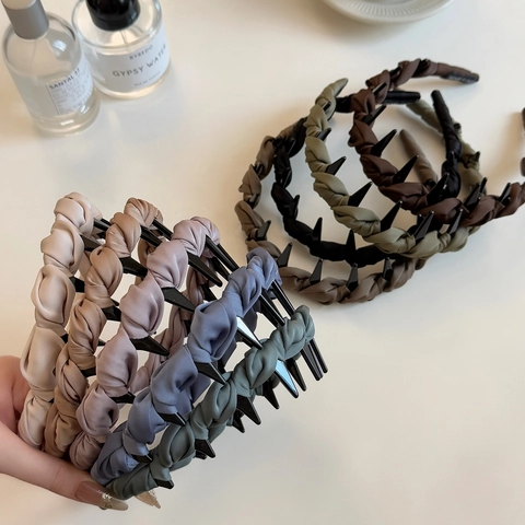 Cerchietto Intrecciato Plissettato in Satin Vintage per Donna Con Denti Interni Imbottito Antiscivolo Fascia per Capelli Stile Coreano Accessori per Capelli