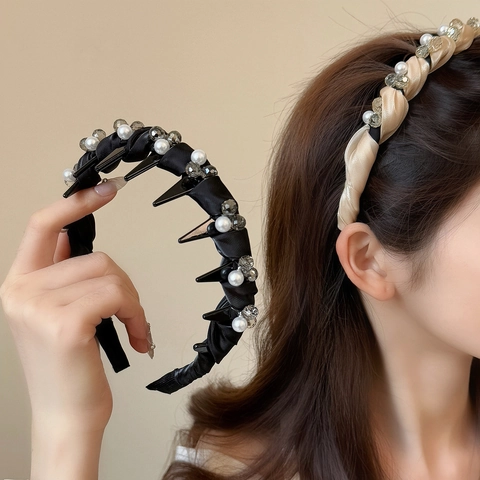 Elegante Cerchietto in Raso con Künstliche Perle e Cristalli Torcito con Denti Antiscivolo Pieghettato Accessori Capelli Donna