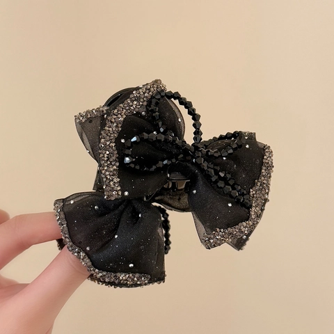 Elegante Zwarte Haarklem Met Mesh Strik Strass En Kralen Vintage Stijl Haaraccessoires Voor Dames Dagelijks Feest
