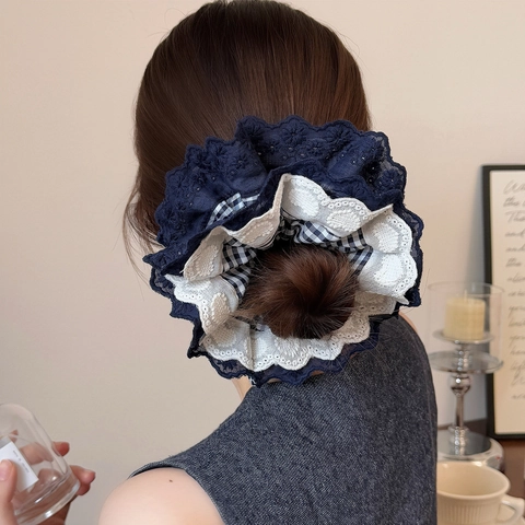 Vintage Navy Blue Checkered Lace Scrunchie For Women Large Layered Floral Embroidery Hair Tie Sweet Korean Style Headpiece