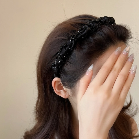 Handgefertigter Geflochtener Perlen Haarreif Mit Rutschfesten Zähnen Schwarz Netzgewebe Spitze Nieten Gothic Punk Damen Haarschmuck