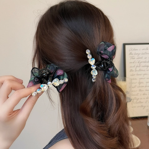 Elegant Bow Mesh Hair Claw Clip For Women Korean Floral Chiffon Shark Clip With Rhinestone Sweet Princess Hair Accessories