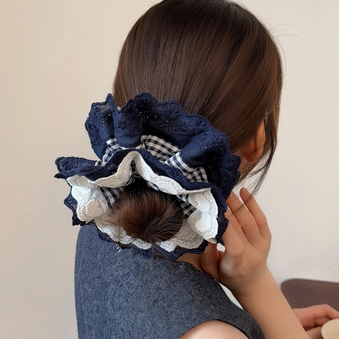 Vintage Navy Blue Checkered Lace Scrunchie For Women Large Layered Floral Embroidery Hair Tie Sweet Korean Style Headpiece