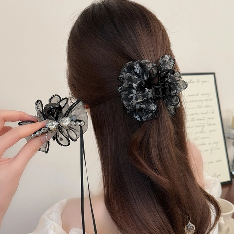 Elegante Pinza per Capelli con Fiocco in Maglia e Nastri Lunghi Fermaglio a Pieghe Floreale Strass Accessori Capelli Francesi Donna