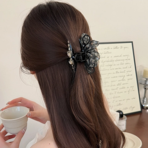 Elegante Pinza per Capelli con Fiocco in Maglia e Nastri Lunghi Fermaglio a Pieghe Floreale Strass Accessori Capelli Francesi Donna
