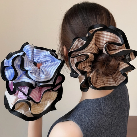 Oversized Stripe Fabric Scrunchies For Women Korean Style Double Layer Hair Ties With Contrast Edging Sweet Hair Accessories