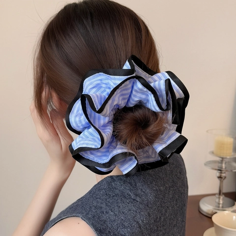 Oversized Stripe Fabric Scrunchies For Women Korean Style Double Layer Hair Ties With Contrast Edging Sweet Hair Accessories