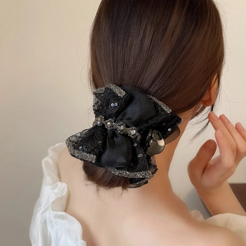 Pince à Cheveux Nœud en Maille Élégante Française Avec Paillettes Strass Pince à Cheveux Scintillante pour Femme Accessoires