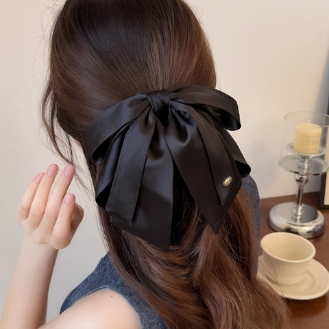 Elegant Large Black Satin Bow Hair Clip For Women Korean Style Ribbon Ponytail Hair Claw Fashion Hair Accessories
