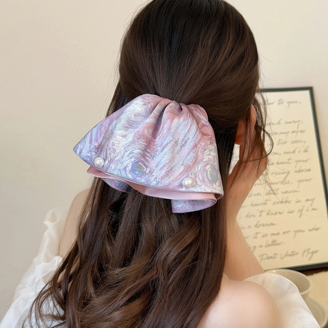 French Starry Night Oil Painting Style Large Hair Claw Clip Elegant Fabric Bowknot Hair Clip With Artificial Pearl For Women Ponytail