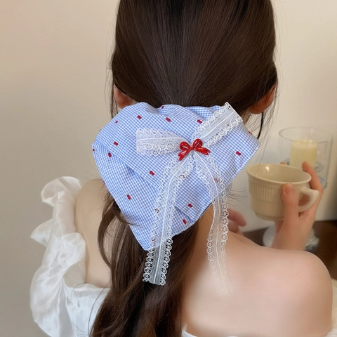 Scrunchies à Carreaux avec Nœud en Dentelle Style Coréen Grands Élastiques Cheveux en Tissu Bandeau Cheveux Vintage pour Femme Accessoires Cheveux