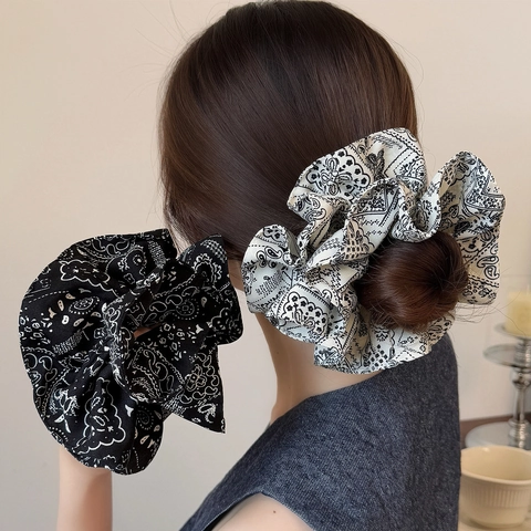 Vintage Elegante Paisley Bedrukte Stof Oversized Scrunchie Geplooide Haarelastiek Hoge Elastische Knot Haaraccessoires Voor Vrouwen
