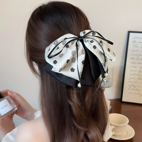 Pince à Cheveux Rétro Français Grand Nœud Papillon Avec Ruban Imprimé Camélia Pendentif Perle Artificielle Élégant Femme