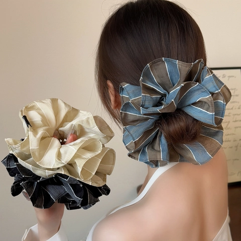 Elastici per Capelli Oversized in Tessuto a Righe Grandi Elastici Plissettati Fatti a Mano Moda Etichetta Lettere per Donna Accessori Capelli