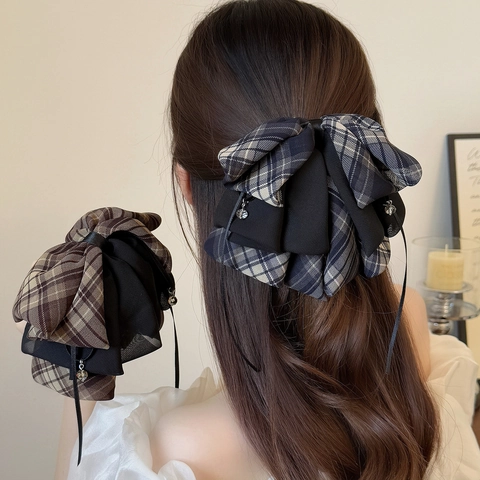 Koreaanse Stijl Gingham Stof Strik Haarclip Voor Dames Retro Ruit Oversized Paardenstaartclip Mode Haaraccessoires