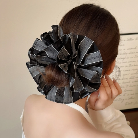 Elastici per Capelli Oversized in Tessuto a Righe Grandi Elastici Plissettati Fatti a Mano Moda Etichetta Lettere per Donna Accessori Capelli