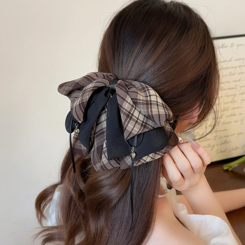 Koreaanse Stijl Gingham Stof Strik Haarclip Voor Dames Retro Ruit Oversized Paardenstaartclip Mode Haaraccessoires