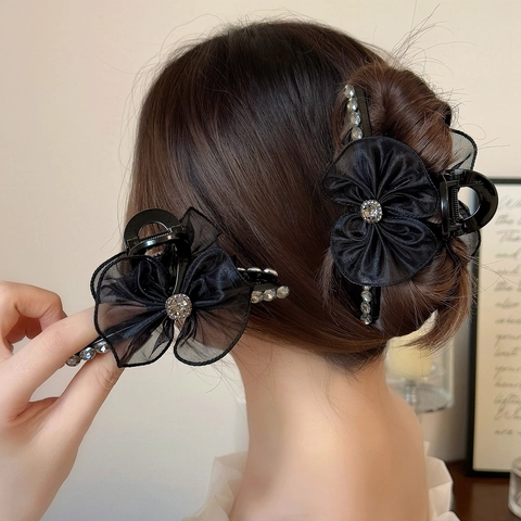 Große Schwarze Netzgewebe Blumen Haarkralle Für Damen Elegant Handgefertigt Spitze Plissiert Shark Clip Mit Strass Haarschmuck