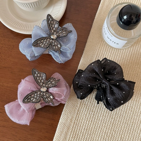 Eleganter Schleife Netz Haarkralle Strass Schmetterling Dekoration Großer Haarklammer Für Damen Haarstyling Accessoires