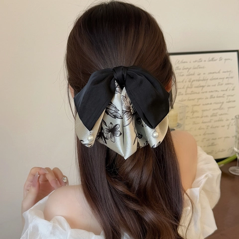 Grande Fermaglio per Capelli a Fiocco Stile Cinese Stampa Floreale Tessuto Satin Perla Artificiale Elegante per Donna