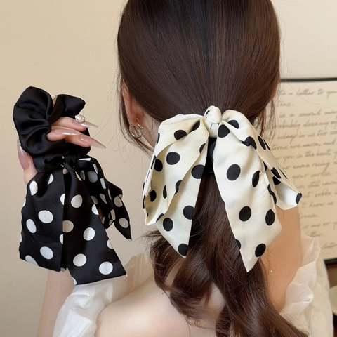 Coletero con Lazo de Lunares Estilo Francés Raso con Cinta Larga Elegante Soporte para Coleta Accesorio de Cabello para Mujer Niña