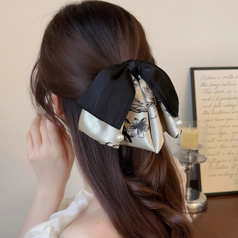 Grande Fermaglio per Capelli a Fiocco Stile Cinese Stampa Floreale Tessuto Satin Perla Artificiale Elegante per Donna