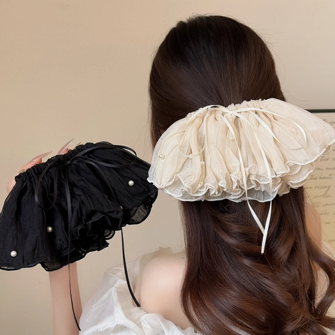 Molletta per Capelli in Stile Coreano Elegante in Rete Plissettata Con Perle Artificiali e Fiocco Grande Clip a Molla per Donna