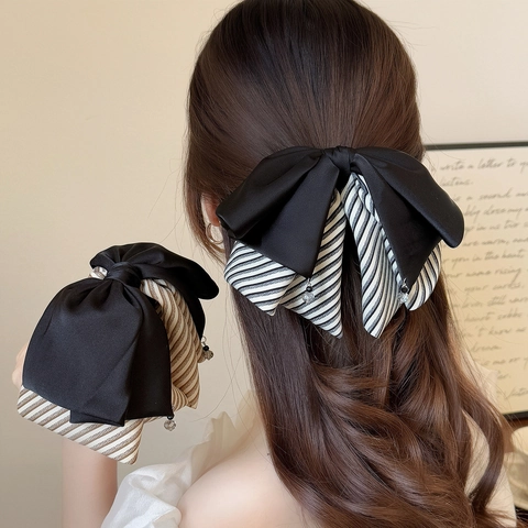 Barrette à Cheveux Nœud Vintage Français Élégante Tissu Rayé Patchwork Pince à Queue de Cheval Grands Accessoires de Cheveux pour Femmes