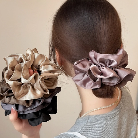 Large Satin Pleated Scrunchie Solid Color Ruched Hair Tie Elastic Hair Band Double Layer Ponytail Holder For Women Girls