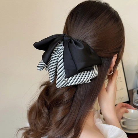 Barrette à Cheveux Nœud Vintage Français Élégante Tissu Rayé Patchwork Pince à Queue de Cheval Grands Accessoires de Cheveux pour Femmes