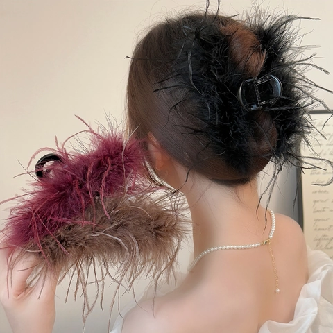 Eleganter Großer Feder Haarklammer Straußenfeder Haifisch Clip Luxuriöses Haar Accessoire Für Damen Dickes Haar Styling Tool