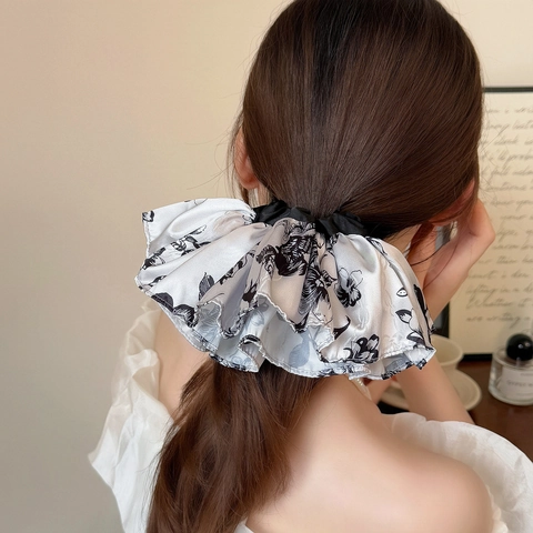 Nouveau Style Chinois Impression Florale à l'Encre Satin Chouchou pour Femmes Elégant Grand Design de Jupe Accessoires Cheveux