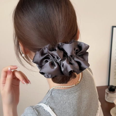 Large Satin Pleated Scrunchie Solid Color Ruched Hair Tie Elastic Hair Band Double Layer Ponytail Holder For Women Girls
