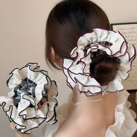 Coleteros Extragrandes con Borde de Volantes de Estilo Coreano para Mujer Patrón de Cuadros Lazos de Pelo de Tela Elástica Accesorios para el Pelo