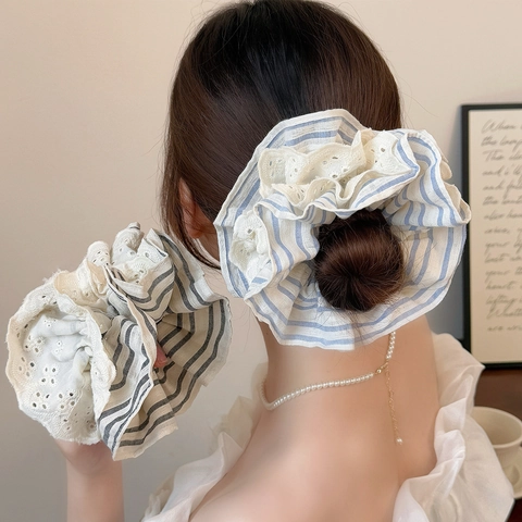 Elegant French Style Lace Striped Hair Scrunchie Large Fabric Ribbon Scrunchies For Women Balletcore Hair Ties Elegant Ponytail Holder