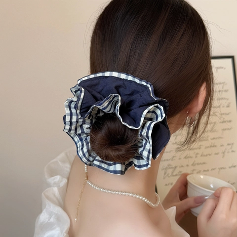 Koreanischer Stil Doppelschichtig Karomuster Scrunchie Elegante Gingham Stoff Haargummi Hohe Elastizität Pferdeschwanz Halter Damen