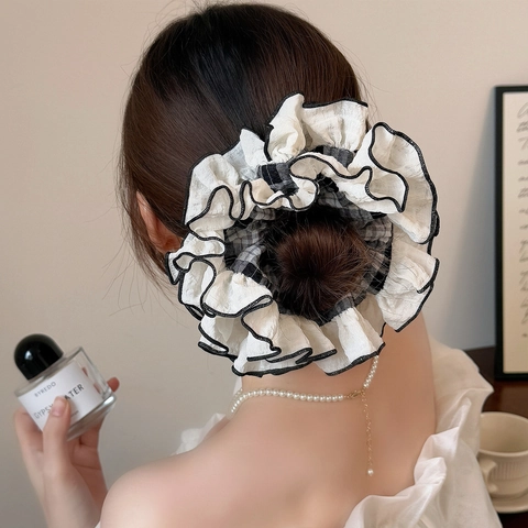 Chouchous Surdimensionnés à Bords Volants Style Coréen pour Femmes Motif à Carreaux Attaches de Cheveux en Tissu Élastique Accessoires Cheveux
